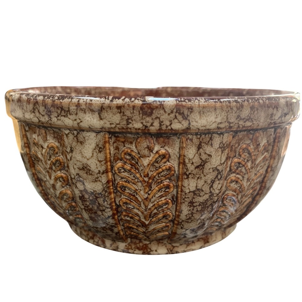 Vintage Brown Leaf Geometric Speckled Design Ceramic Planter 8"‎